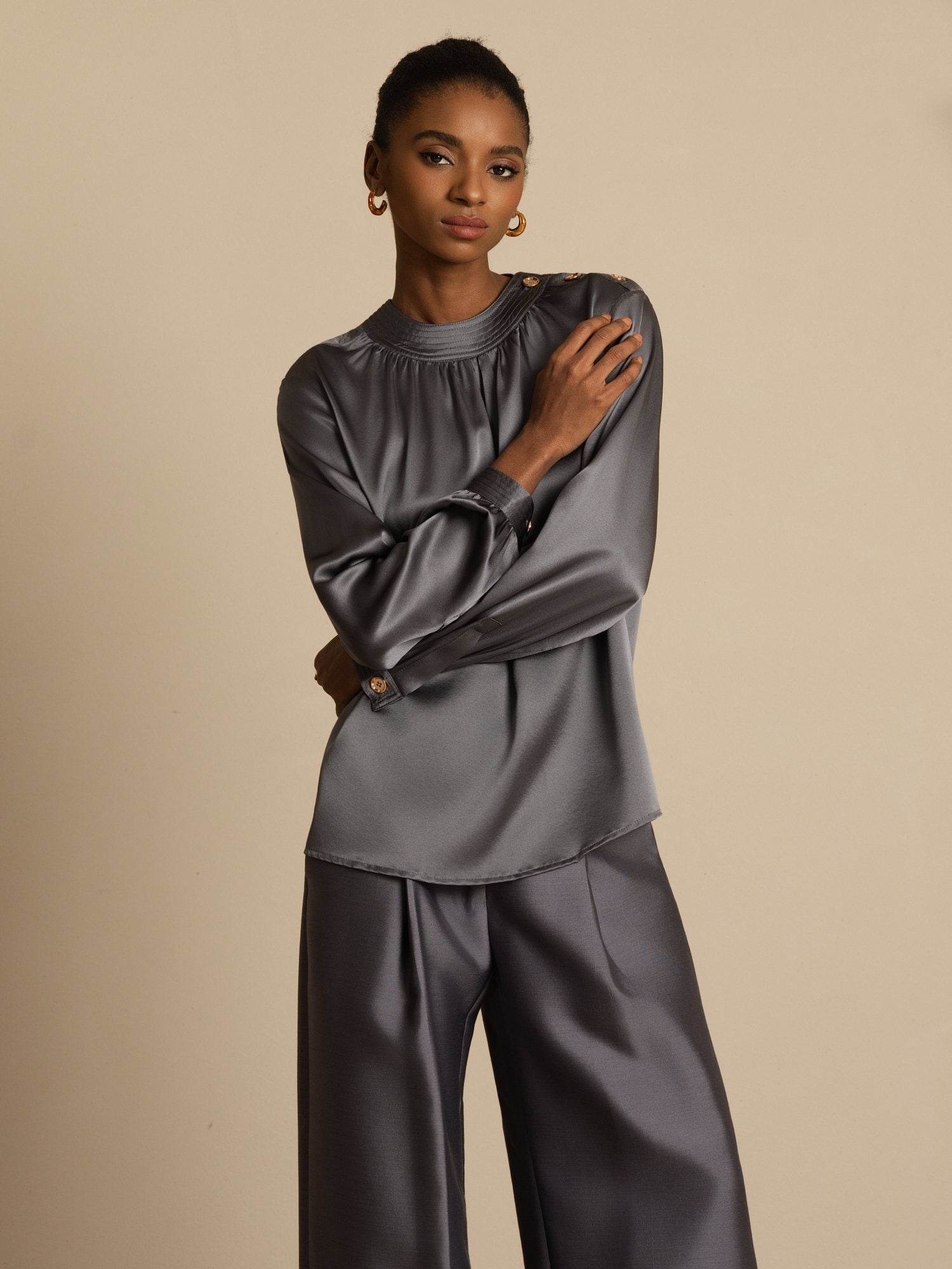 [GrisFoncé] SilkSilky-FR 19Momme Soie Manches longues Col Rond Blouse 005