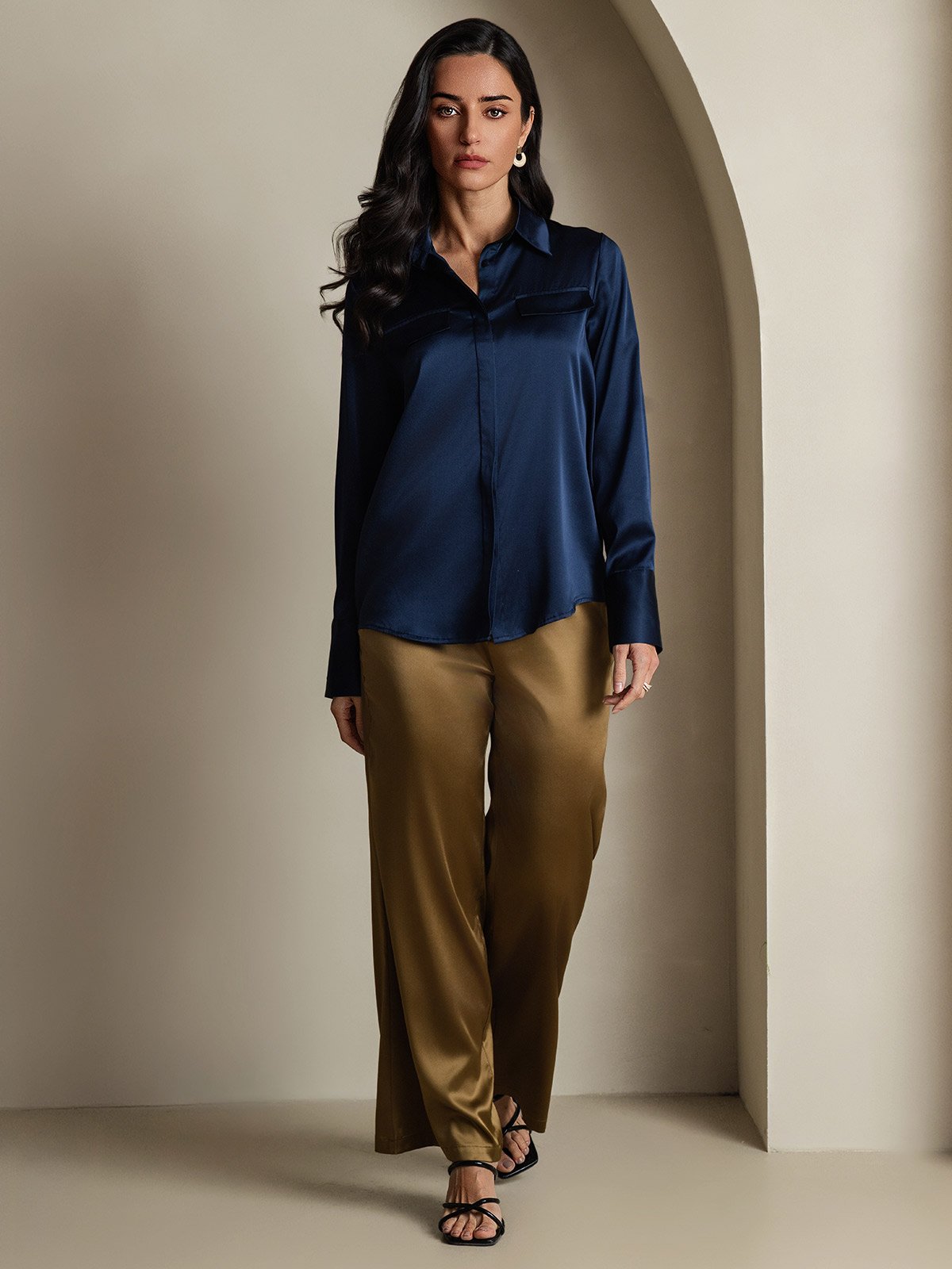 SilkSilky-FR 19Momme Soie Manches longues Col Chemise Femme Chemise BleuFoncé 007