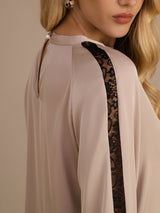 [Tan] SilkSilky-FR Long Sleeve Keyhole Neck Blouse 005