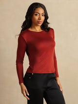 [Brique Cuite] SilkSilky-FR Long Sleeve Crew Neck Femme T-Shirt 007