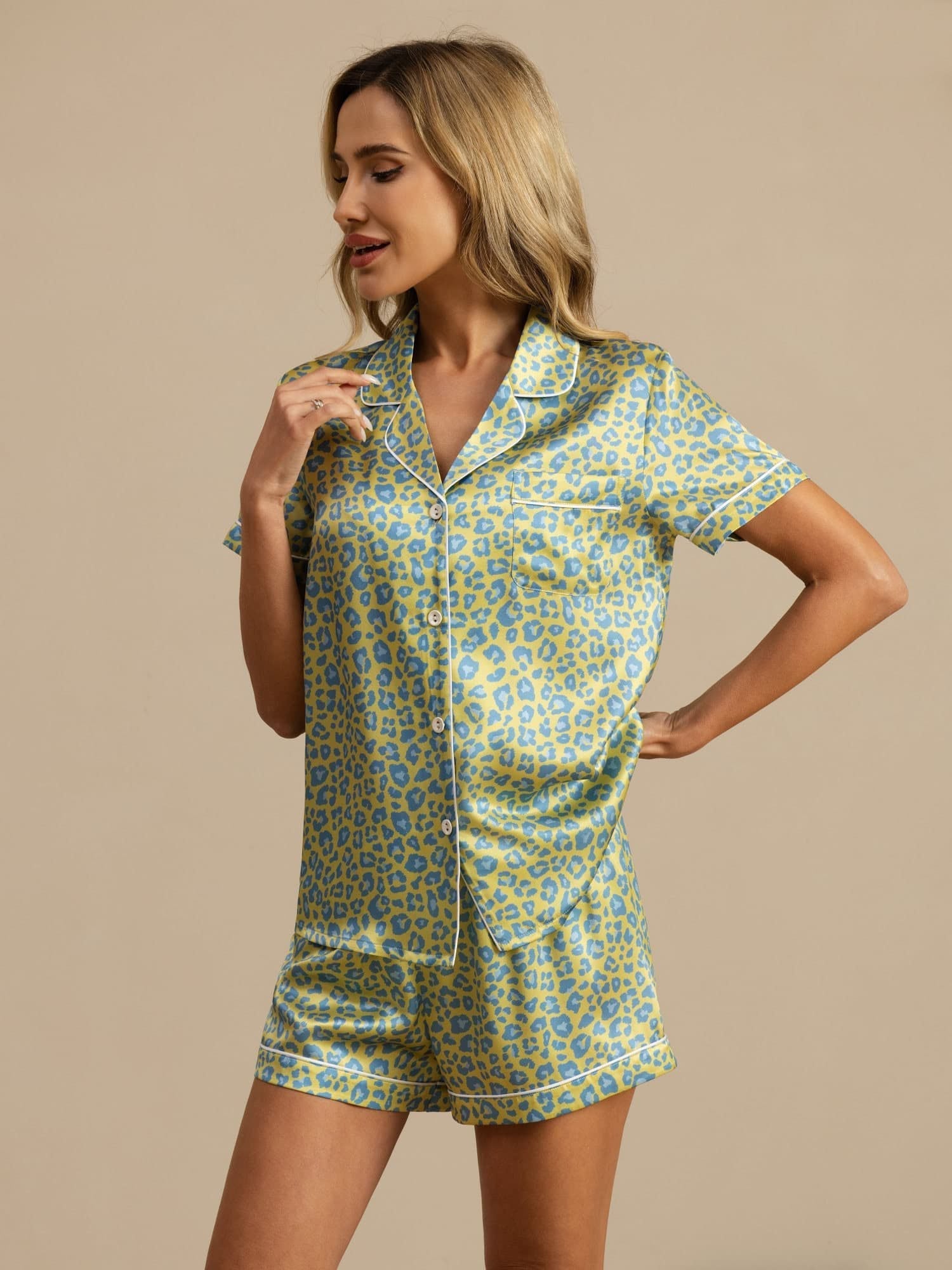 [Léopard Vert] SilkSilky-FR 19Momme Manches courtes Col Cranté Femme Pyjamas 003