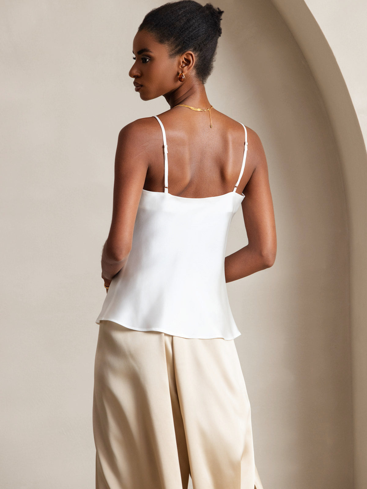 [Blanc] SilkSilky-FR Pure Soie Col en V Top À Fines Brides 002