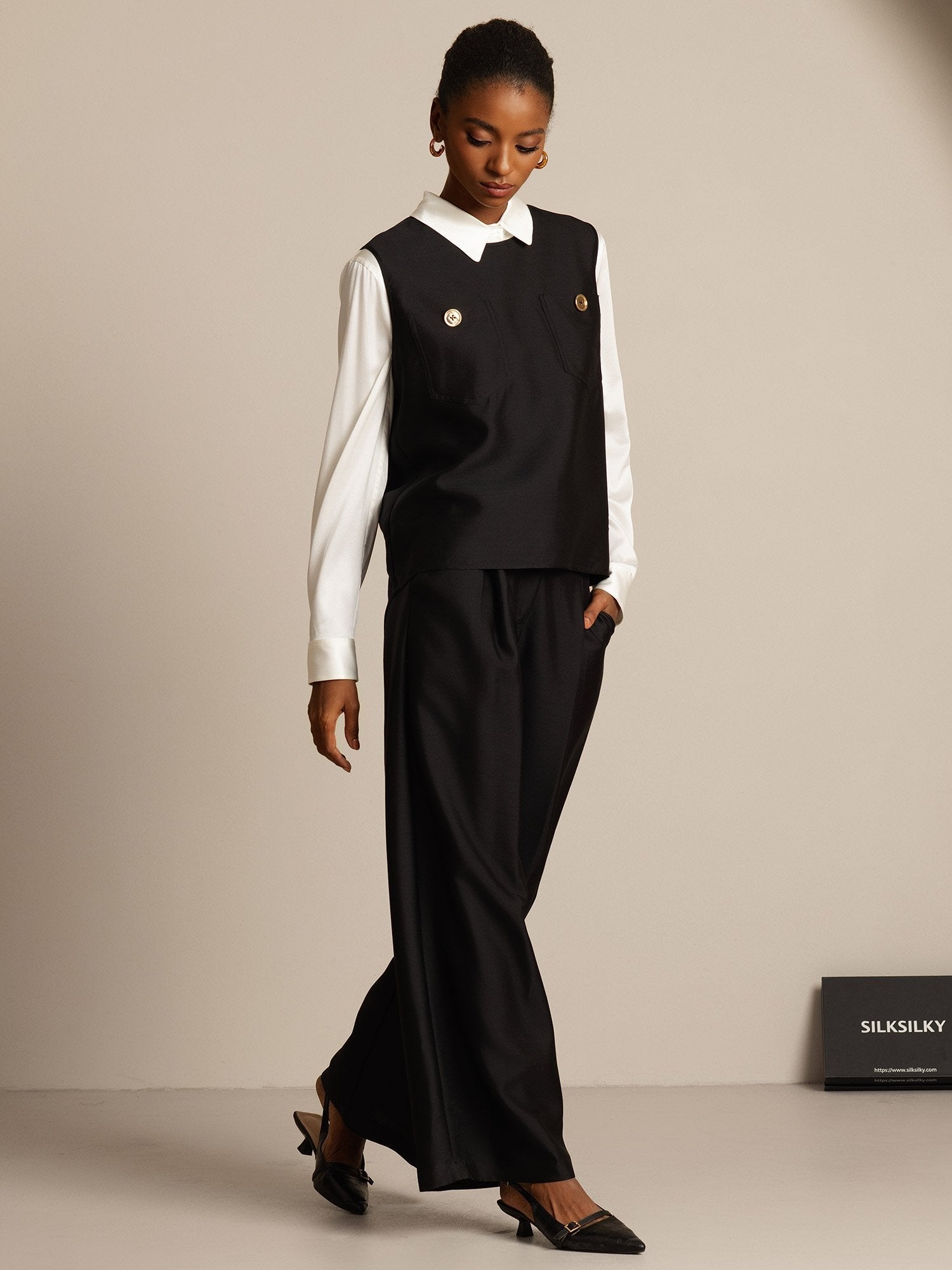 [Noir] SilkSilky-FR 32Momme Soie Womens Vest 006,