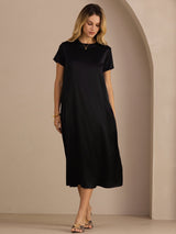 [Noir] SilkSilky-FR Short Sleeve Round Neck Robes 003