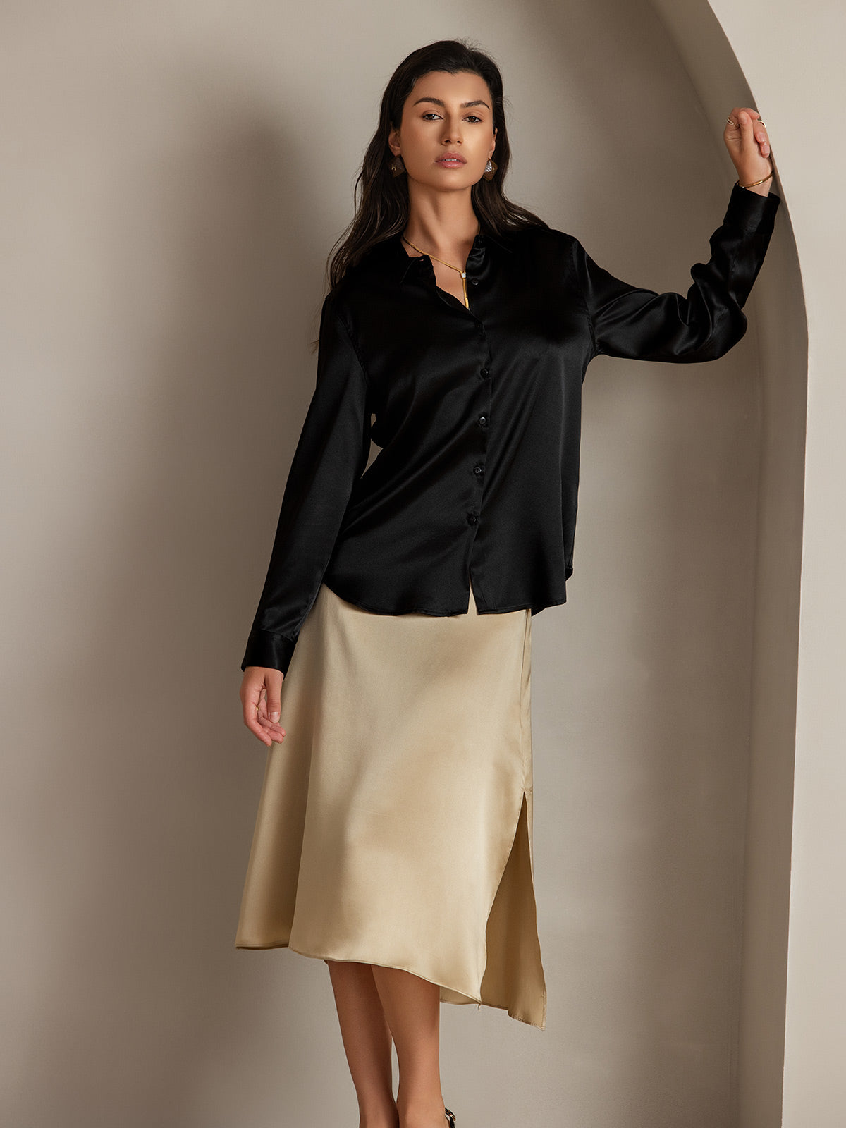 [Champagne] SilkSilky-FR 19Momme Soie Skirt 005