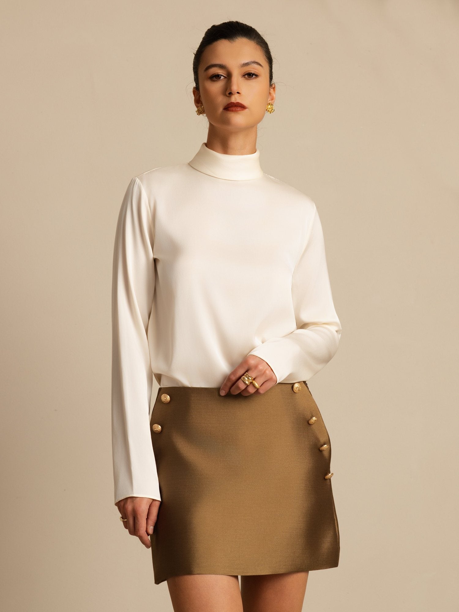 [Champagne] SilkSilky-FR 19Momme Soie Manches longues Col Roulé Femme T-Shirt 005