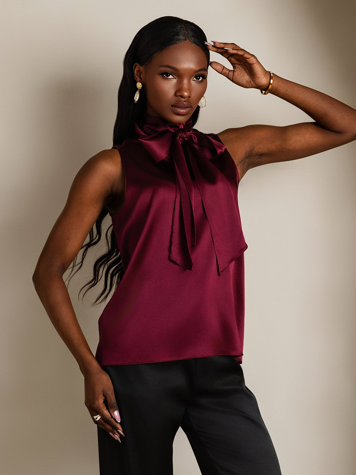 SilkSilky-FR 19Momme Soie Nœud à l'encolure Femme Chemise RougeFoncé 004
