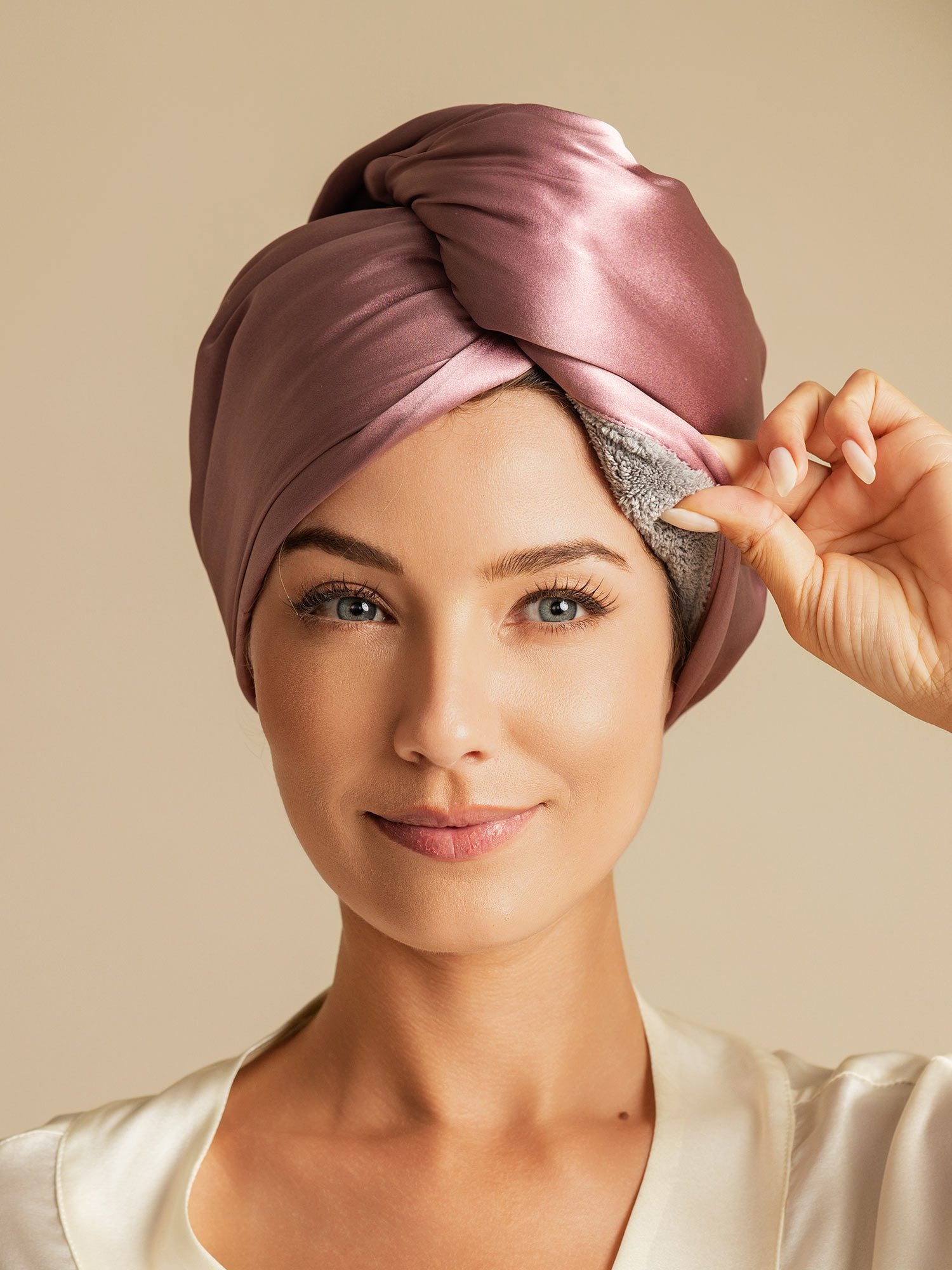 [Mauve Pâle] SilkSilky-FR Soie Hair Towel Wrap 001,