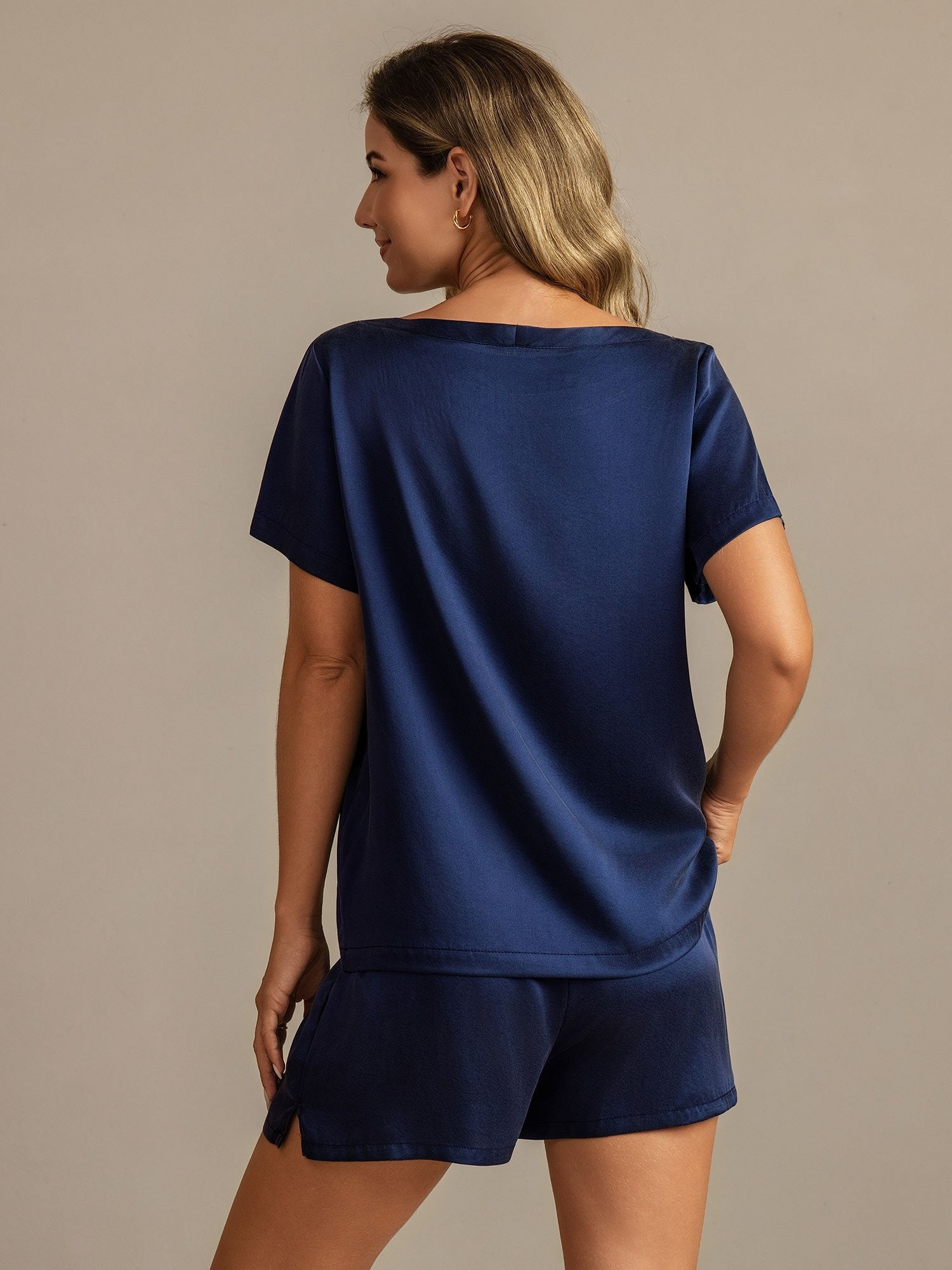 [Bleu Foncé] SilkSilky-FR 19Momme Soie Col Rond Femme Pyjamas 002,