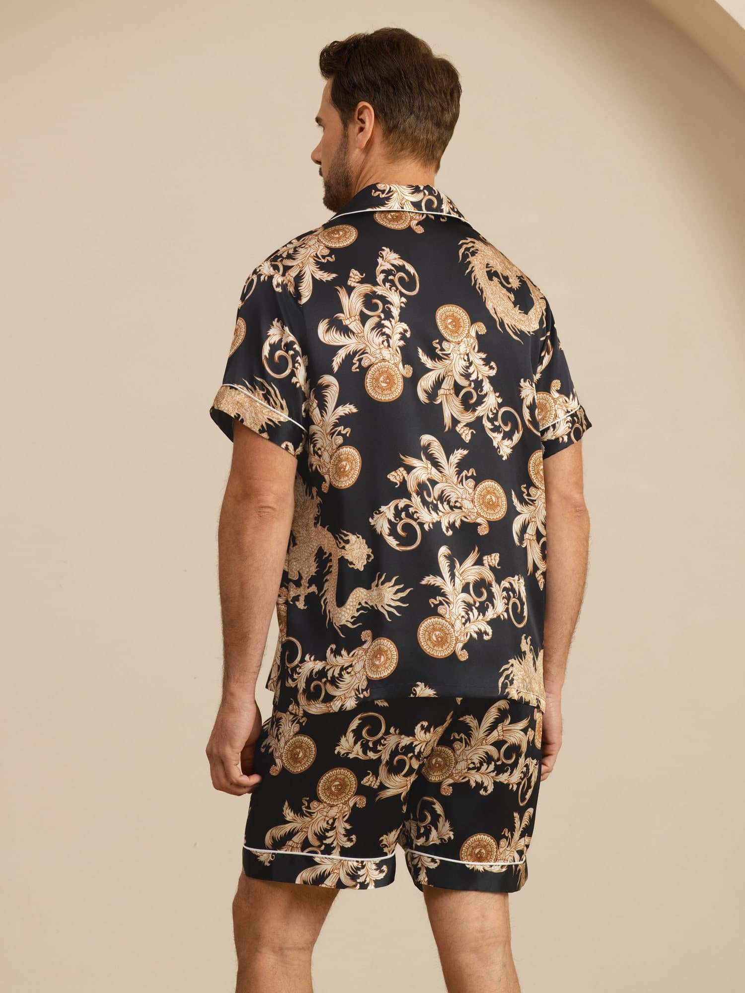 [Dragon Noir] SilkSilky-FR Manches courtes Col Cranté Homme Pyjamas 002