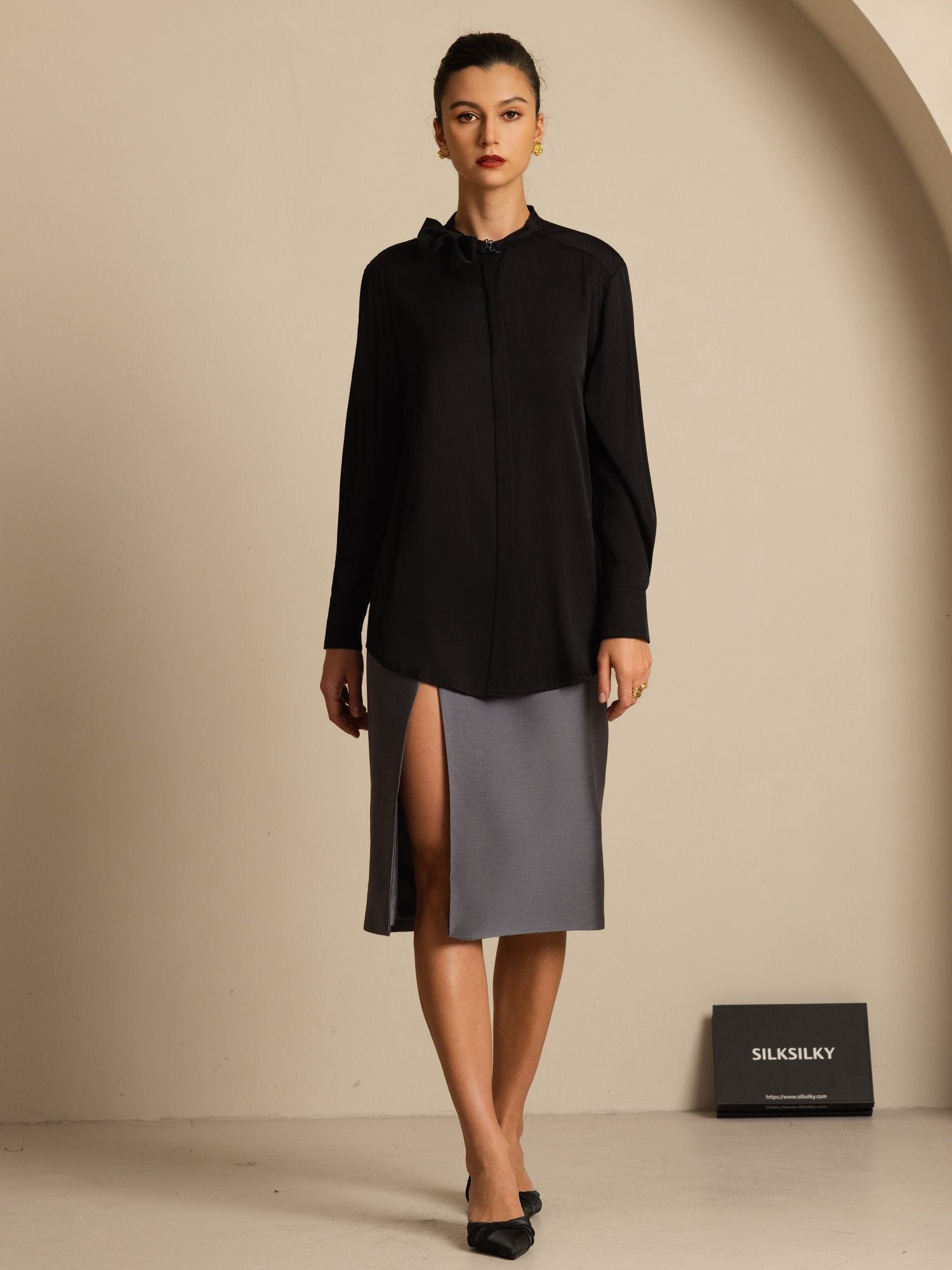 [Noir] SilkSilky-FR 19Momme Soie Manches longues Col Montant Blouse 008