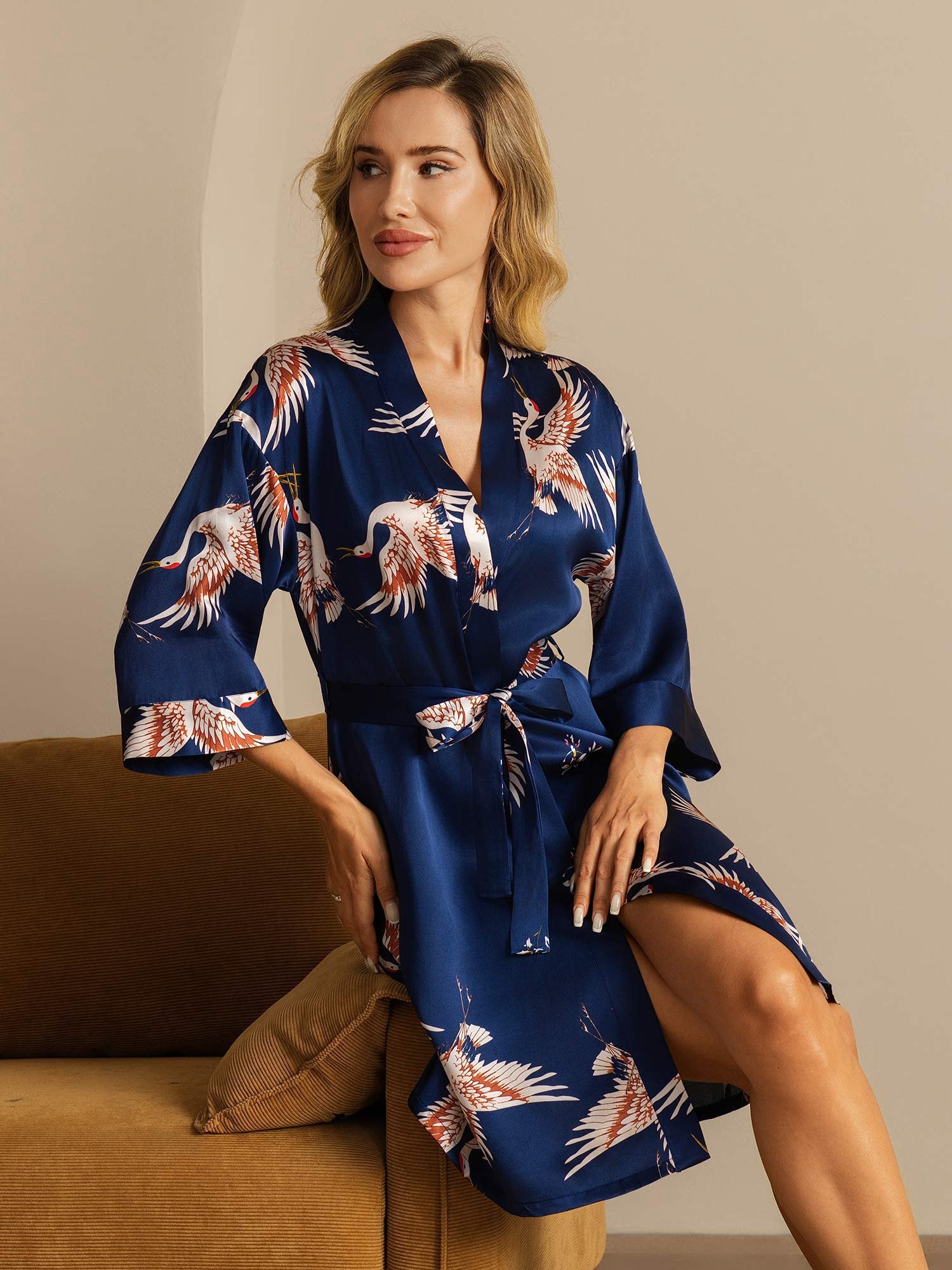 [BleuFoncé] SilkSilky-FR 19Momme Soie Womens Robe 001