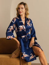 [Bleu Foncé] SilkSilky-FR 3/4 Sleeve Femme Peignoir 001