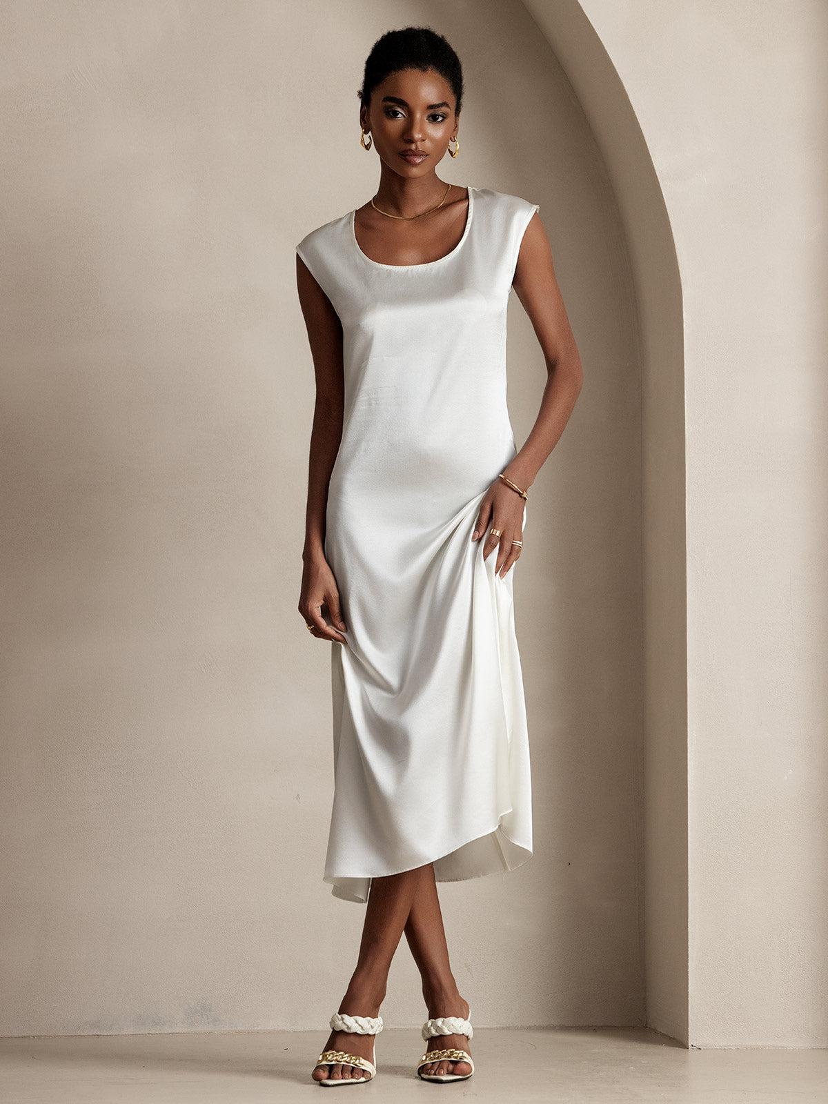 [Blanc] SilkSilky-FR 19Momme Soie Col Rond Robes 001