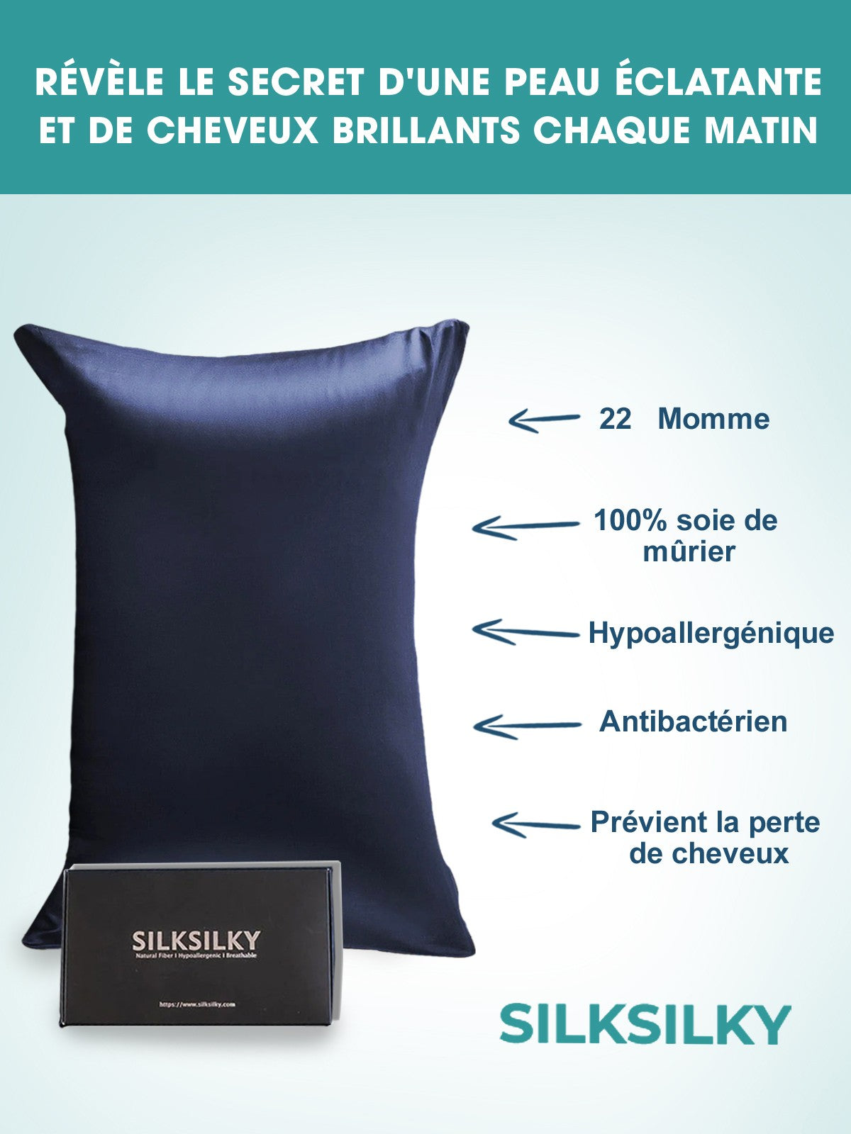 [Bleu Foncé] SilkSilky-FR 22Momme Pure Soie Pillowcase 002