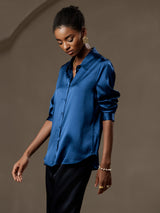 [Bleu Royal] SilkSilky-FR Long Sleeve Lapel Collar Femme Chemise 006