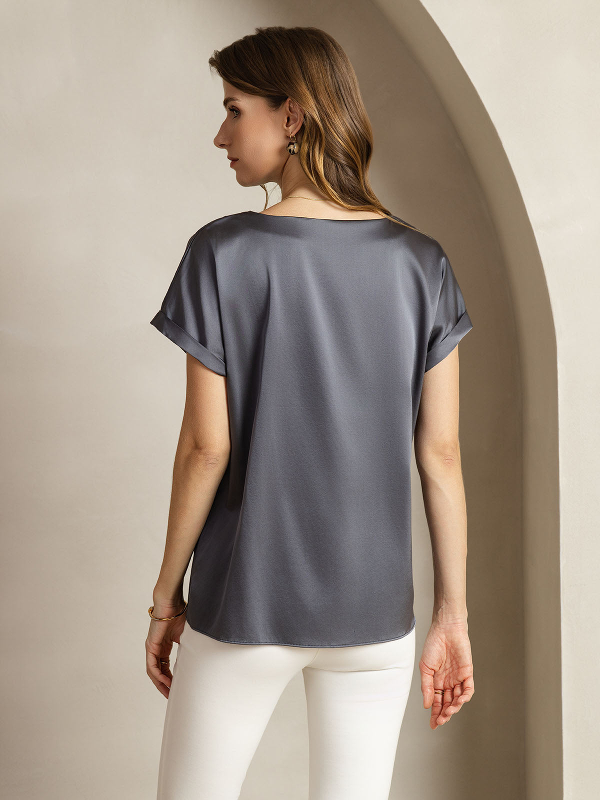 [Gris Foncé] SilkSilky-FR 19Momme Soie Col Rond Femme T-Shirt 002
