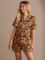 [Tigre Noir] SilkSilky-FR Short Sleeve Lapel Collar Femme Pyjamas 001
