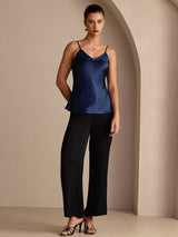 [Bleu Foncé] SilkSilky-FR Sleeveless V Neck Top À Fines Brides 005