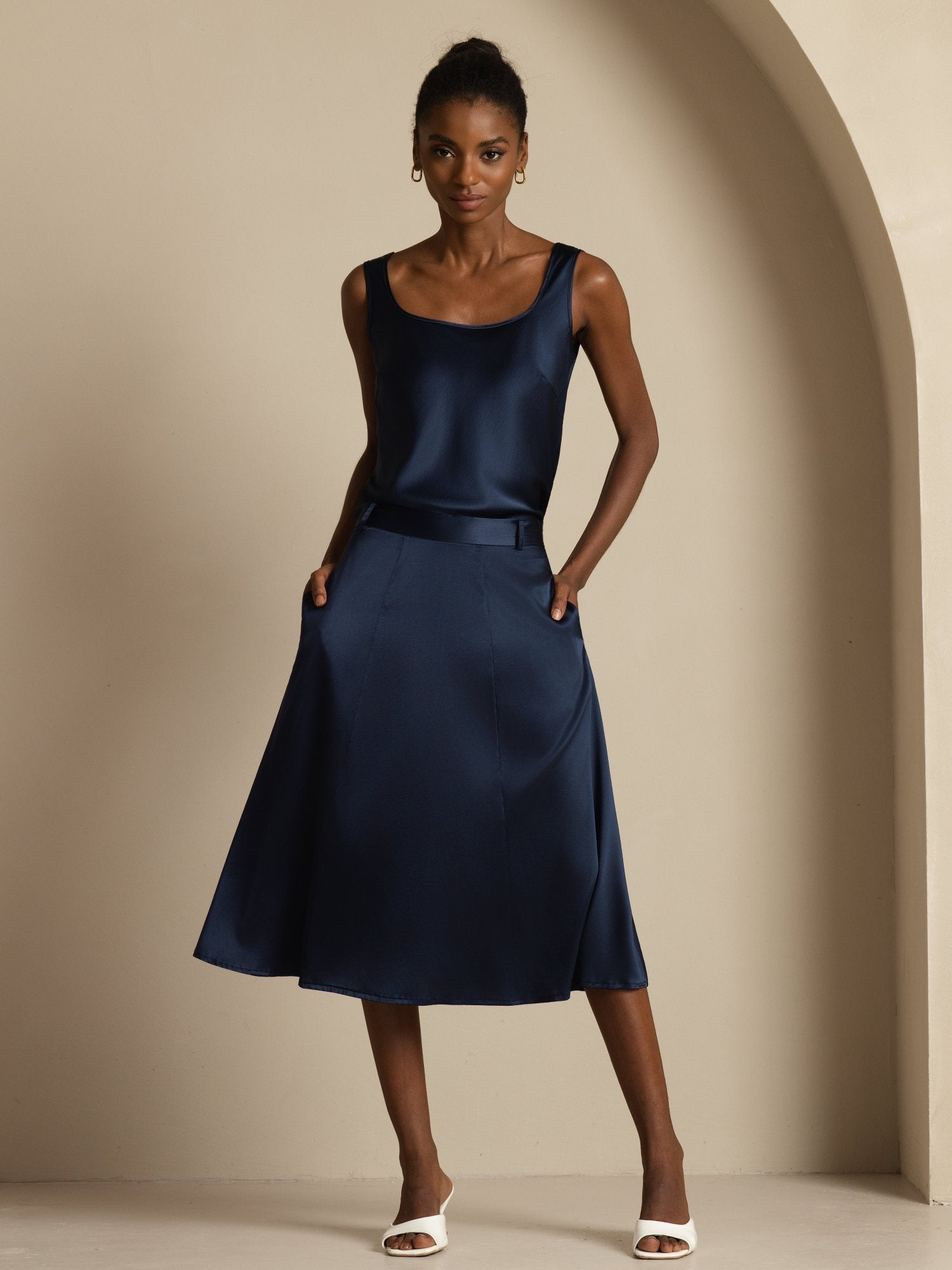 [Bleu Foncé] SilkSilky-FR 19Momme Jupes 006