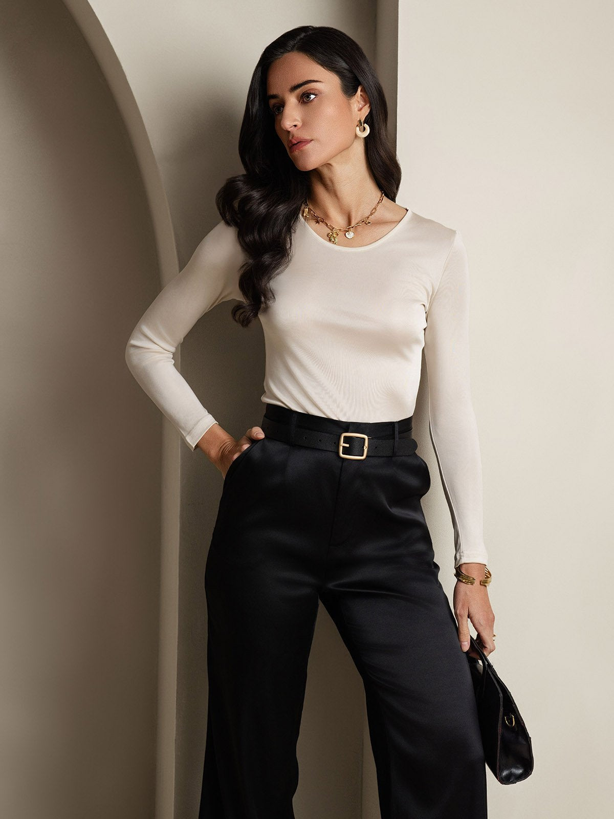 [Beige] SilkSilky-FR Manches longues Col Rond Femme T-Shirt 006