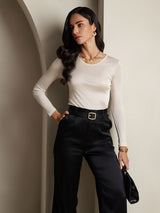 [Beige] SilkSilky-FR Manches longues Col Rond Femme T-Shirt 006