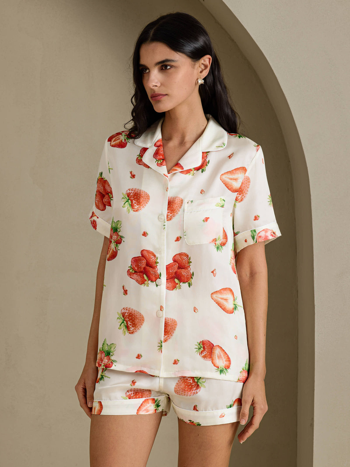 [Fraise Blanche] SilkSilky-FR Short Sleeve Notch Collar Femme Pyjamas 001
