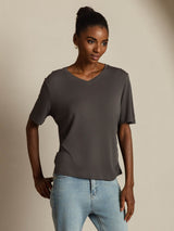 [Gris] SilkSilky-FR Manches courtes Col V Femme T-Shirt 006