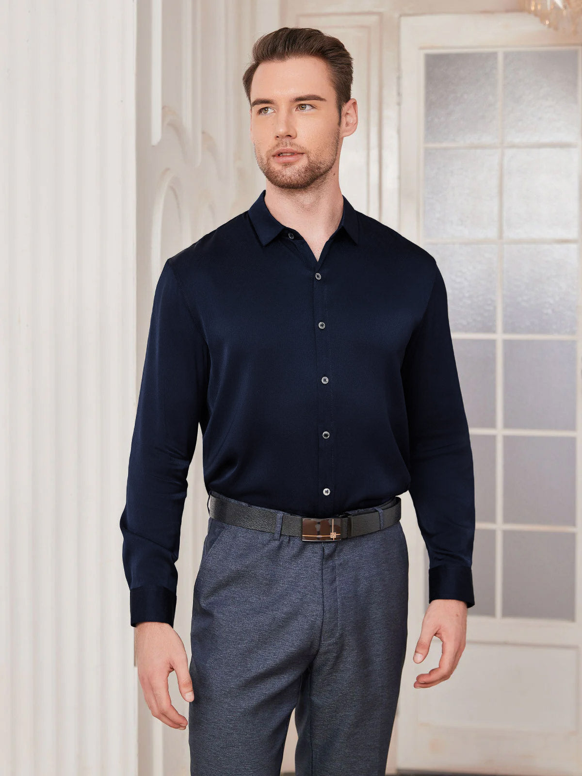 [Bleu Foncé] SilkSilky-FR Soie Col Chemise Homme Chemise 003