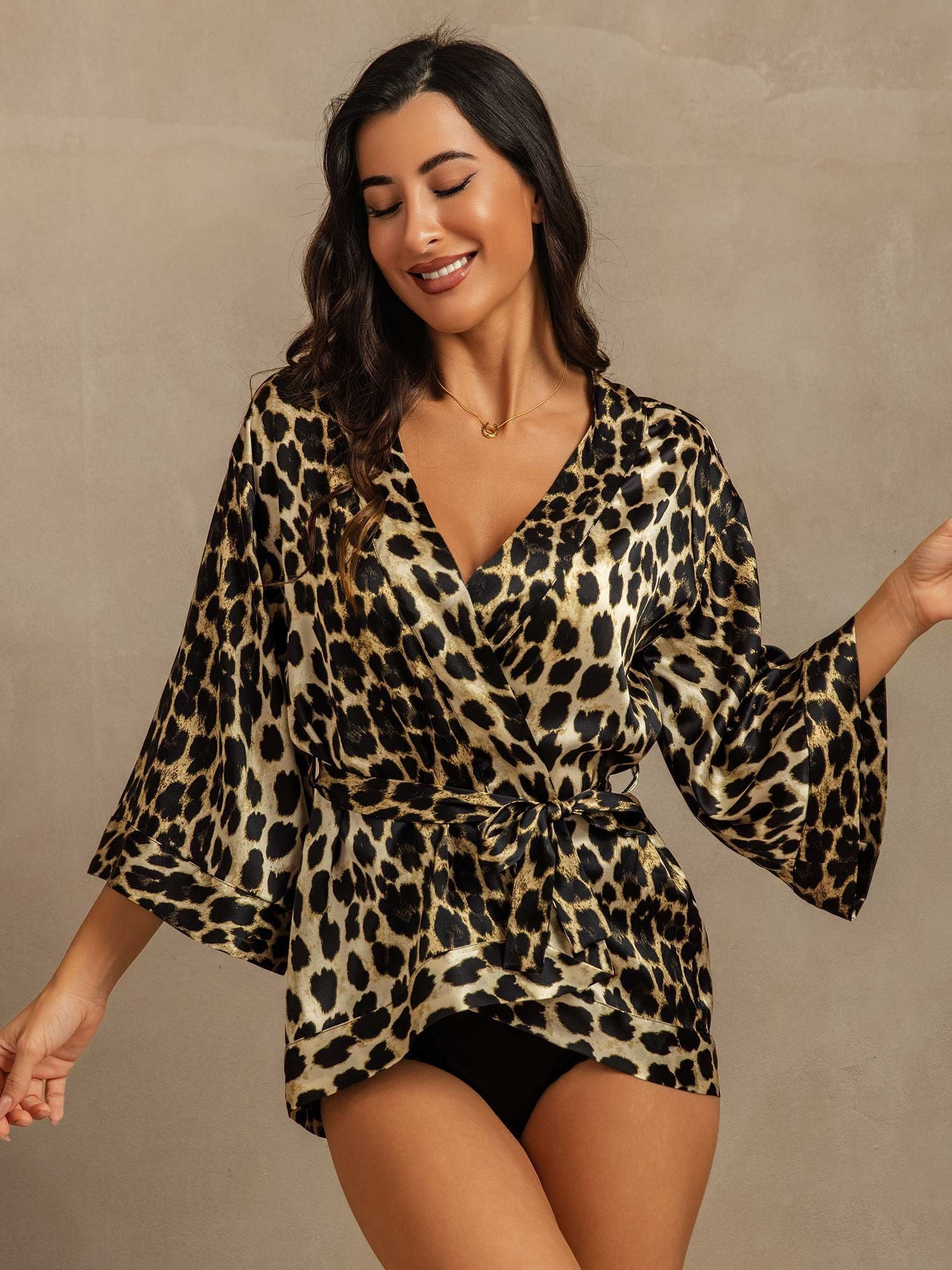 [Leopard] SilkSilky-FR 19Momme Soie Womens Robe 001,