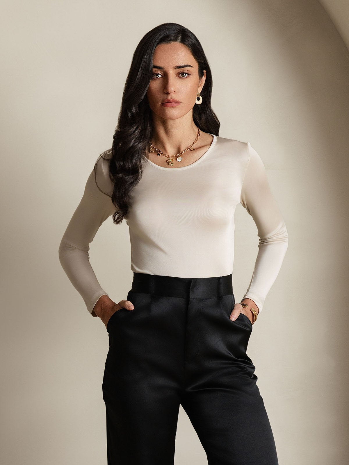 [Beige] SilkSilky-FR Manches longues Col Rond Femme T-Shirt 004