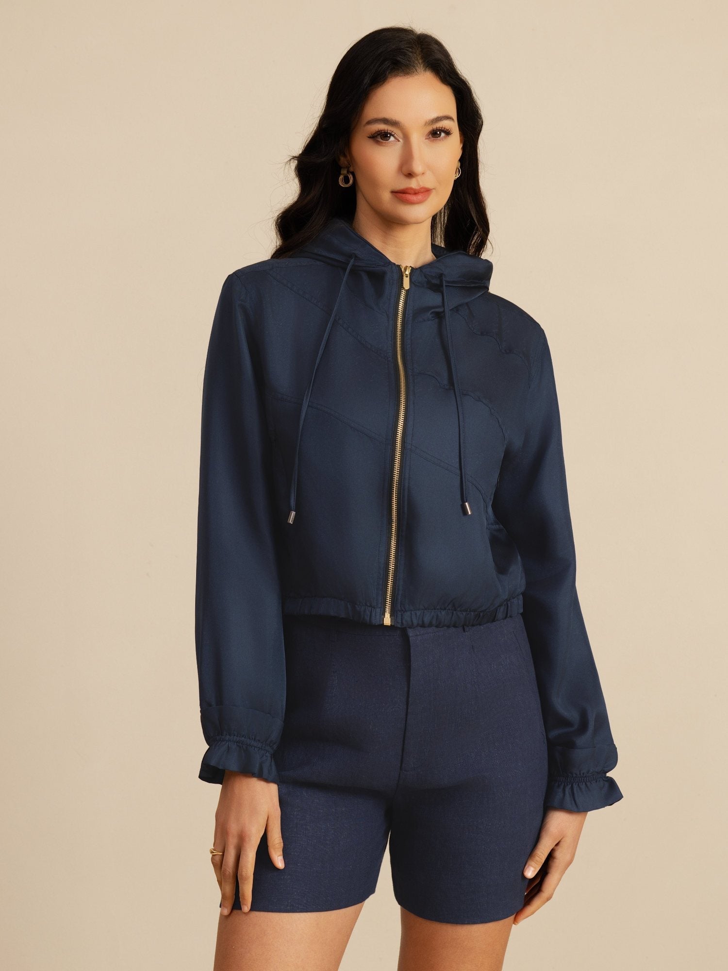 [BleuFoncé] SilkSilky-FR 18Momme Manches longues Col Haut Femme Manteaux 004