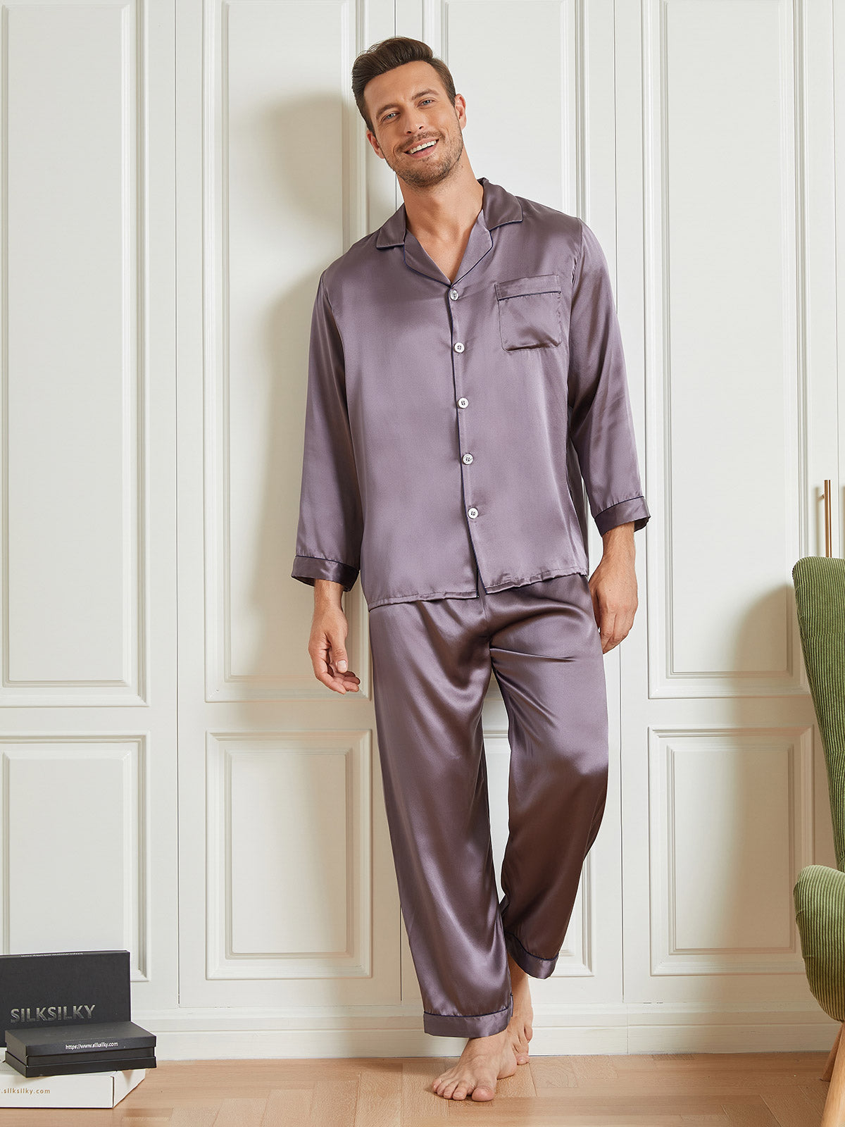 SilkSilky FR 19Momme Pure Soie Manches longues Revers Homme Pyjamas Gris 003