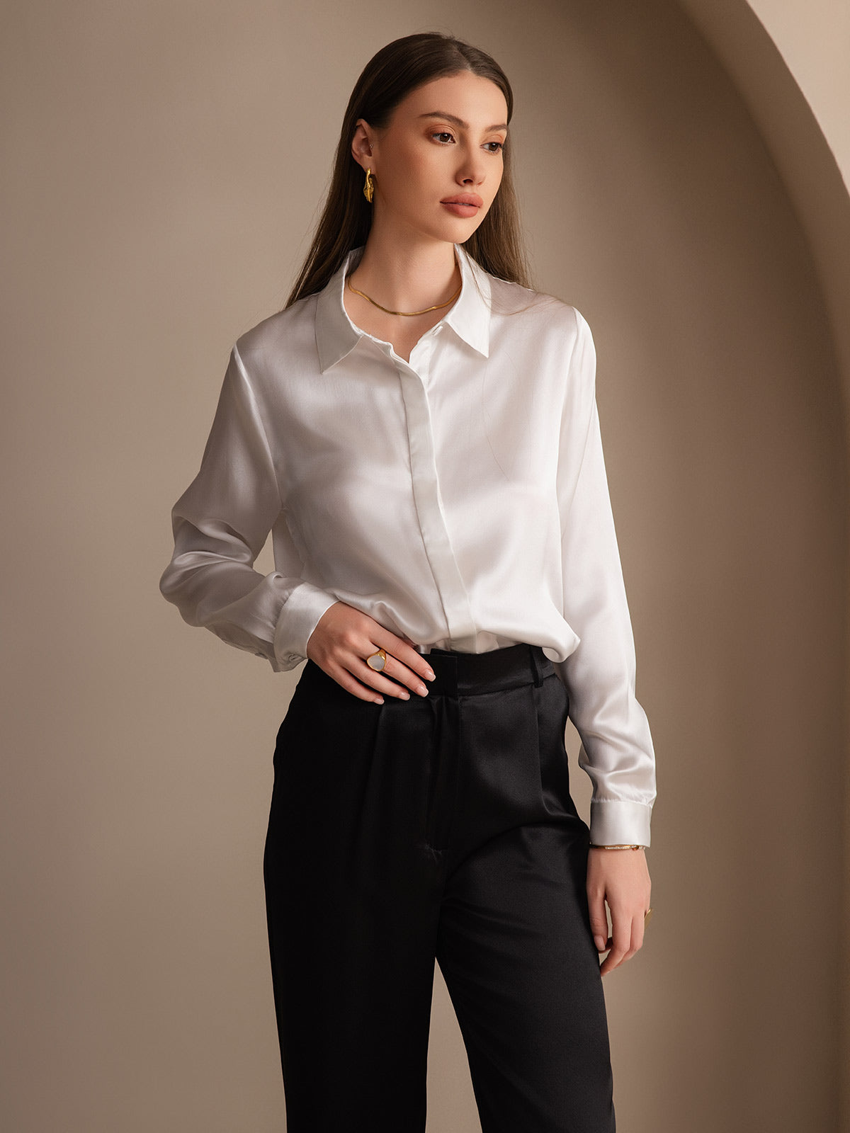 [Blanc] SilkSilky-FR 19Momme Soie Lapel Collar Femme Chemise 001