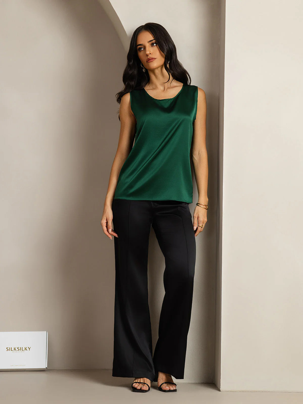 [Vert Foncé] SilkSilky-FR 19Momme Sans manches Col Rond Top À Fines Brides 009