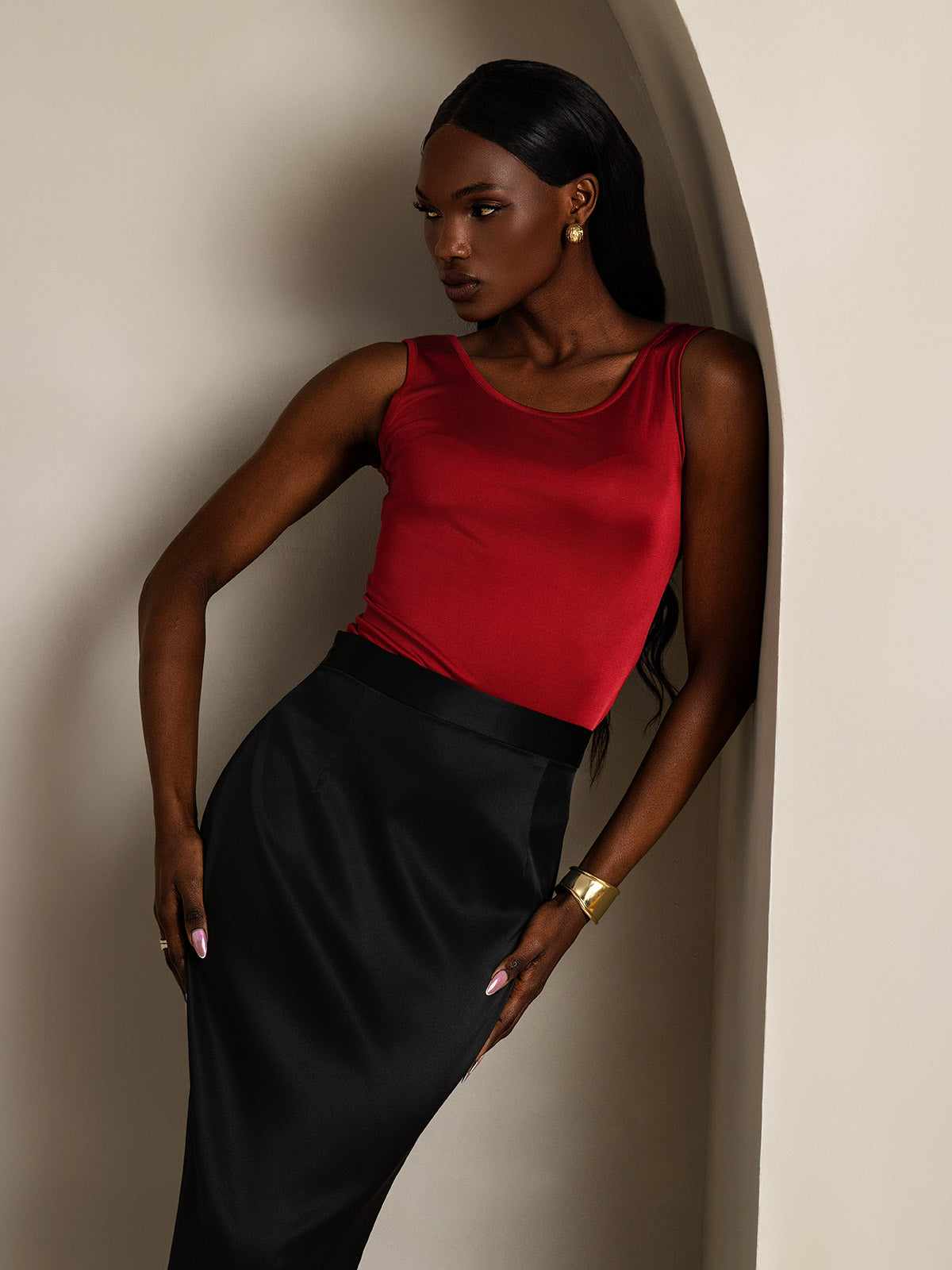 [Rouge Vineux] SilkSilky-FR Soie Tricotée Col Rond Femme T-Shirt 001
