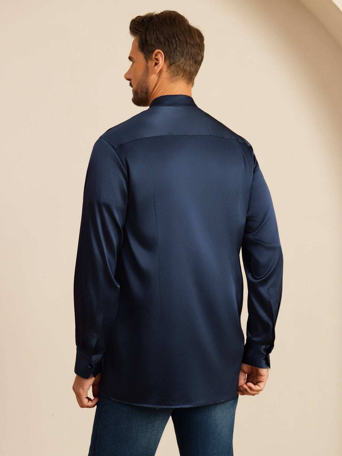[Bleu Foncé] SilkSilky-FR Long Sleeve Stand Collar Homme Chemise 002