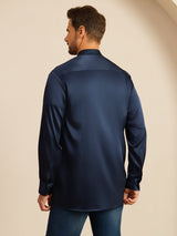 [Bleu Foncé] SilkSilky-FR Long Sleeve Stand Collar Homme Chemise 002