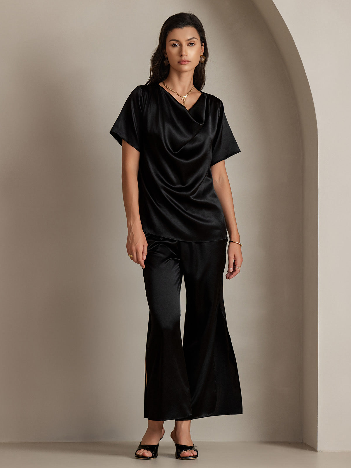 [Noir] SilkSilky-FR 19Momme Soie Col Bénitier Femme T-Shirt 003