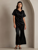 [Noir] SilkSilky-FR Short Sleeve Cowl Neck Blouse 003
