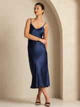 [Bleu Foncé] SilkSilky-FR Sleeveless V Neck Robes 001