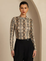 [Snakeskin] SilkSilky-FR Manches longues Col Mock Femme T-Shirt 001