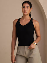 [Noir] SilkSilky-FR Sleeveless Deep V Neck Top À Fines Brides 003