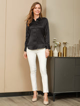 [Noir] SilkSilky-FR Long Sleeve Lapel Collar Femme Chemise 005