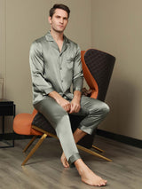 [Vert Grisâtre] SilkSilky-FR Pure Soie Manches longues Revers Homme Pyjamas 006