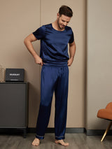 [Bleu Foncé] SilkSilky-FR Pure Soie Manches courtes Col Rond Homme Pyjamas 004