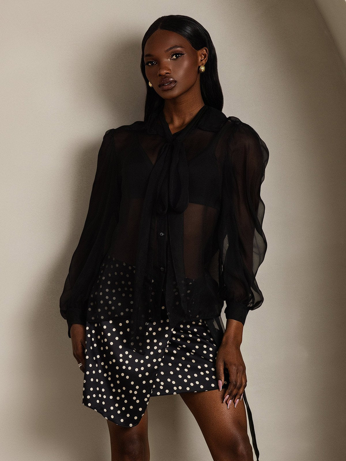 SilkSilky-FR Soie Manches longues Nœud à l'encolure Femme Chemise Noir 004