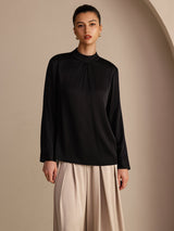 [Noir] SilkSilky-FR Long Sleeve Stand Collar Blouse 003