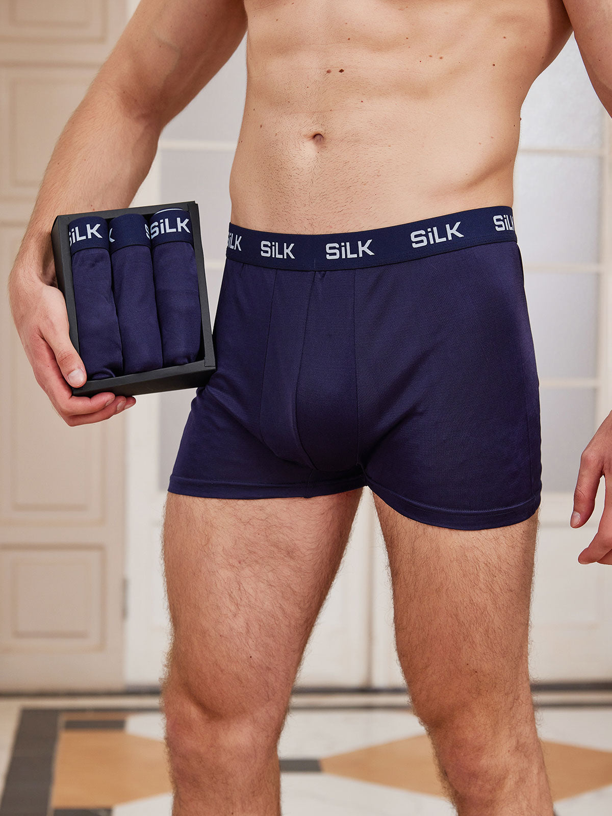 [Bleu Foncé] SilkSilky-FR Pure Soie Mens Underwear 001