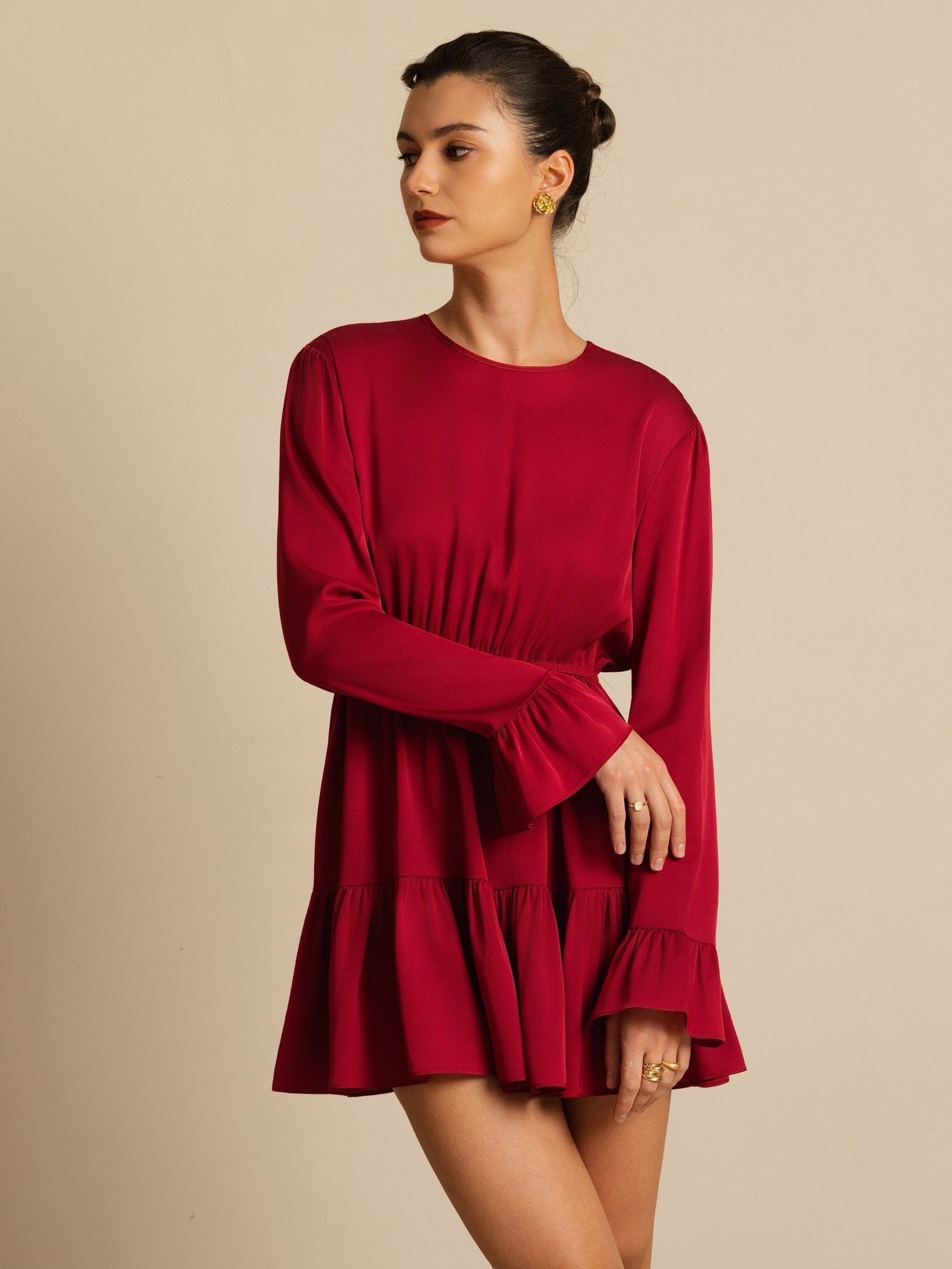 [Rouge Vineux] SilkSilky-FR 19Momme Soie Manches longues Col Rond Robes 008